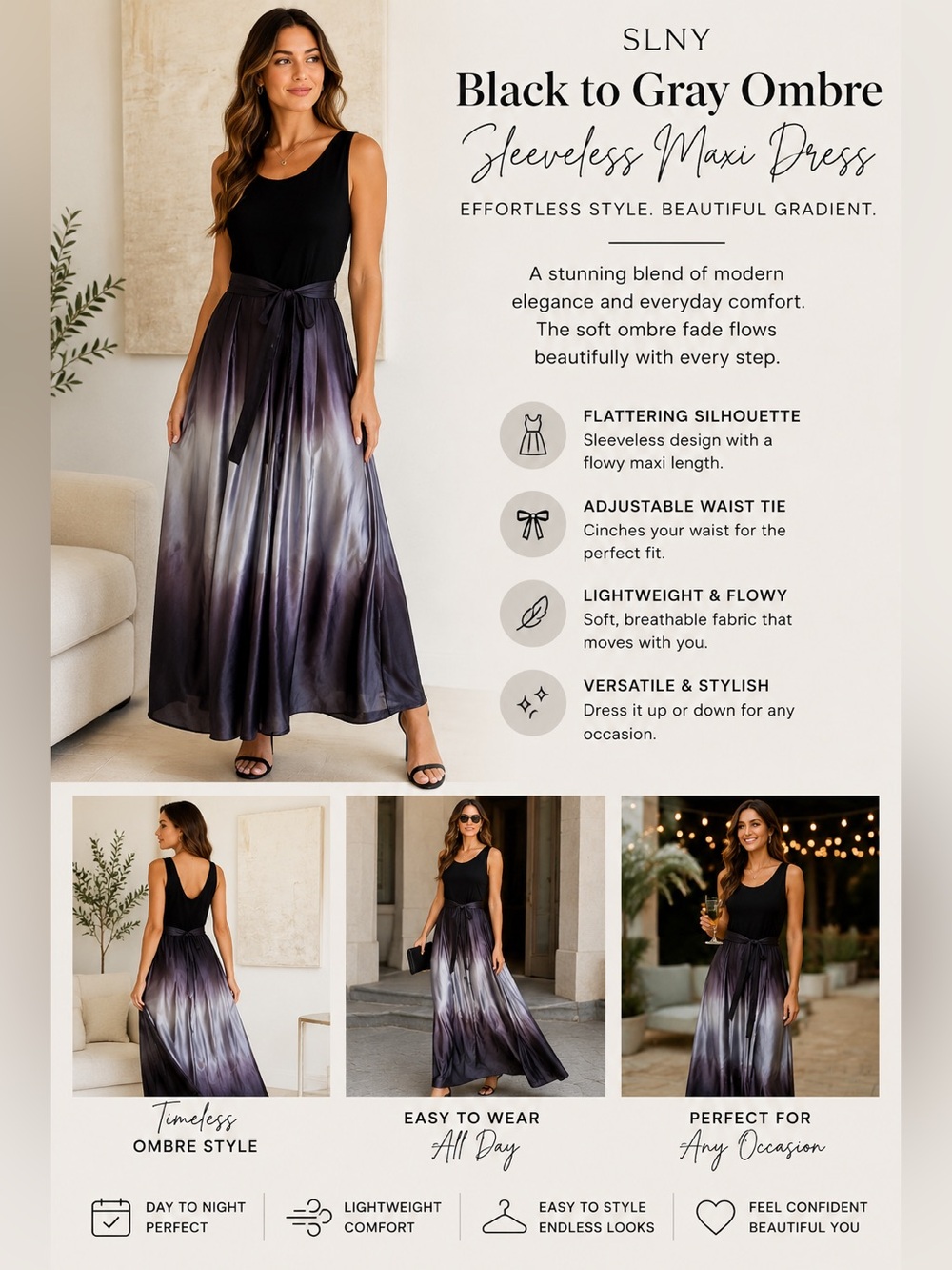 SLNY Black to Gray Ombre Sleeveless Maxi Dress
